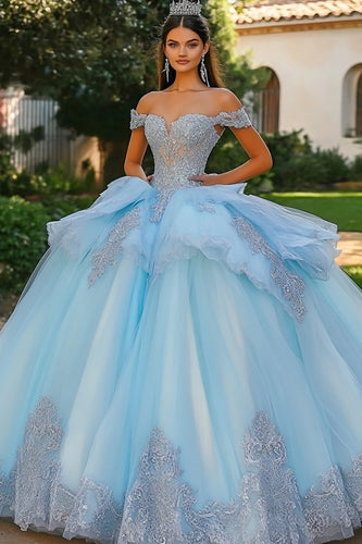 Himmelsblå Prinsessa Off the Shoulder Tyll Quinceanera Klänning med Appliques