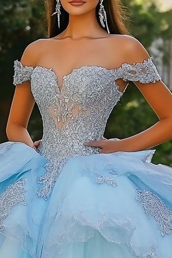 Himmelsblå Prinsessa Off the Shoulder Tyll Quinceanera Klänning med Appliques