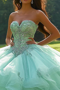 Glitter Mint Tyll Älskling Prinsessan Quinceanera Klänning med Beadings