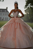Glittrande rosa balklänning Axelbandslösa paljetter Volanger Quinceanera Klänning