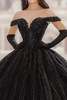 Paljett Av Axeln Boll Klänning Svart Lång Quinceanera Klänning