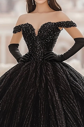 Paljett Av Axeln Boll Klänning Svart Lång Quinceanera Klänning