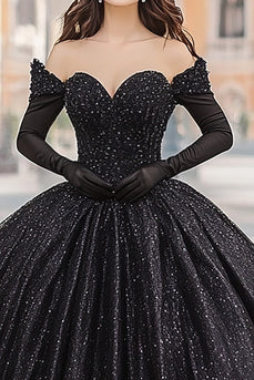 Svart Off The Shoulder Ball Klänning Lång Quinceanera Klänning Med Långa Ärmar