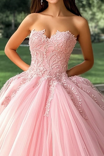 Rosa Balklänning Axelbandslös applicerad Lång Quinceanera Klänning