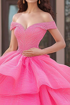 Off The Shoulder Fuchsia Appliqued Balklänning Quinceanera Klänning