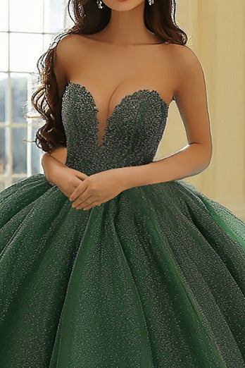 Mörkgrön balklänning Axelbandslös Älskling Quinceanera Klänning