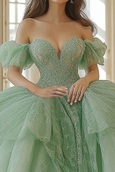 Mint Off The Shoulder Tyll Spets Appliqued Quinceanera Klänning