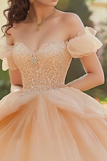 Champagne Off The Shoulder Tyll Spets Appliqued Quinceanera Klänning