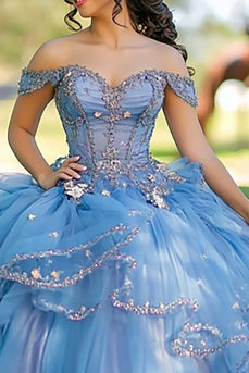 Blå Off The Shoulder Tyll Spets Appliqued Quinceanera Klänning