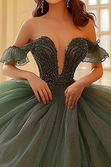 Oliv Off The Shoulder Organza Spets Appliqued Quinceanera Klänning