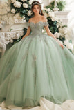 Dusty Sage Off The Shoulder Spets Appliqued Tyll Quinceanera Klänning