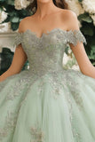 Dusty Sage Off The Shoulder Spets Appliqued Tyll Quinceanera Klänning