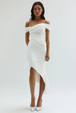Off the Shoulder Slida Satin Tea Längd Vit Graduation Klänning