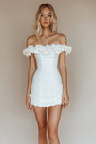 Bodycon Vit Off The Shoulder Satin Kort Examen Klänning