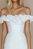 Bodycon Vit Off The Shoulder Satin Kort Examen Klänning