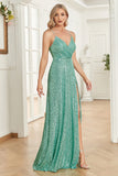 A Line Spaghetti Straps Paljett Mint Lång Brudtärna Klänning Med Slits