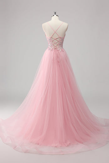 Rosa A-linje Spaghetti Straps Tyll Lång Balklänning med paljetter