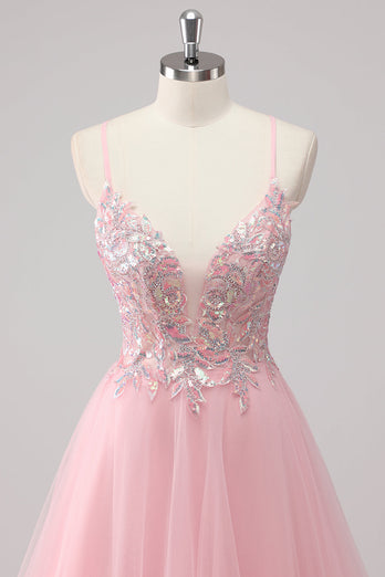 Rosa A-linje Spaghetti Straps Tyll Lång Balklänning med paljetter