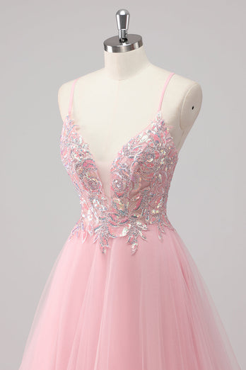 Rosa A-linje Spaghetti Straps Tyll Lång Balklänning med paljetter