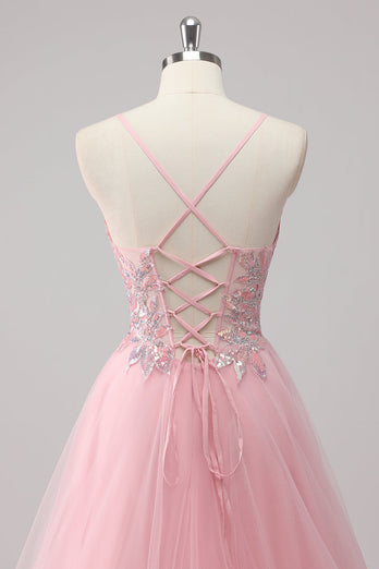 Rosa A-linje Spaghetti Straps Tyll Lång Balklänning med paljetter