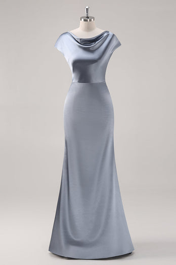 Gråblå Satin Cowl Collar Bridesmaid Klänning med Cape Ärmar