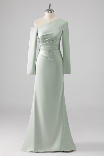 One Shoulder Satin Sage Sheath Bridesmaid Klänning med långa ärmar