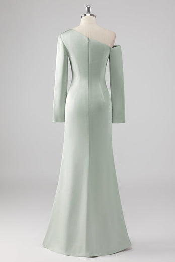 One Shoulder Satin Sage Sheath Bridesmaid Klänning med långa ärmar