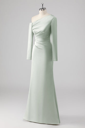 One Shoulder Satin Sage Sheath Bridesmaid Klänning med långa ärmar