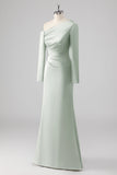 One Shoulder Satin Sage Sheath Bridesmaid Klänning med långa ärmar