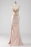 Glittrande Champagne Korsett Appliques Balklänning med slits