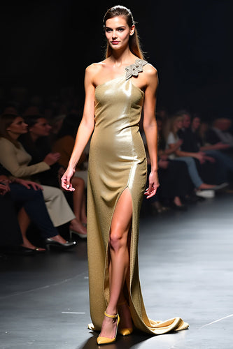 Glitter One Shoulder Slida Golden Gala Klänning med slits