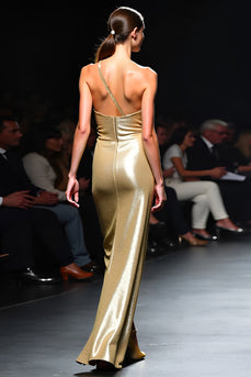 Glitter One Shoulder Slida Golden Gala Klänning med slits