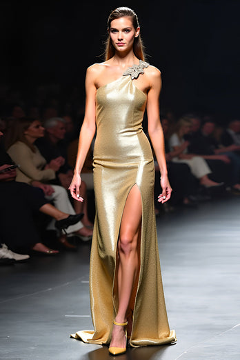 Glitter One Shoulder Slida Golden Gala Klänning med slits