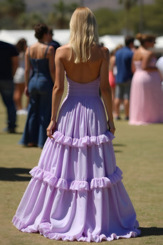 Lila Ruffled Off The Shoulder Bröllop Gäst Klänning Med Slits