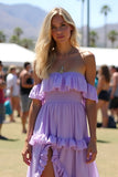 Lila Ruffled Off The Shoulder Bröllop Gäst Klänning Med Slits