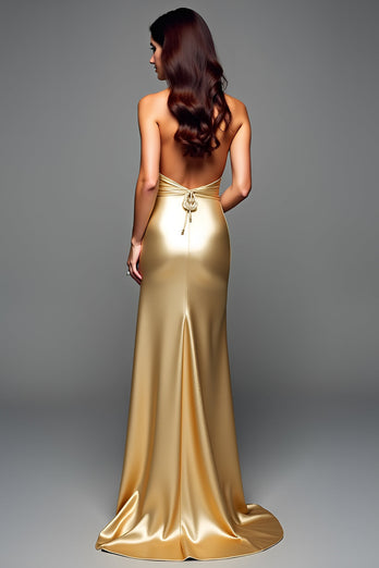 Golden Halter Slida Backless Lång Balklänning med slits