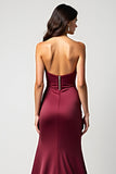Axelbandslös Burgundy Mermaid Satin Plisserad Formell Klänning