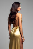 Golden Sheath Halter Lång Balklänning med slits