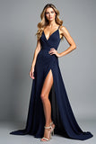 A Line Navy Spaghetti Straps Lång formell klänning med slits