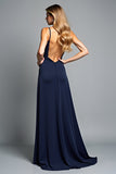 A Line Navy Spaghetti Straps Lång formell klänning med slits