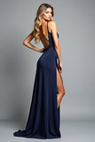 A Line Navy Spaghetti Straps Lång formell klänning med slits