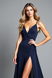 A Line Navy Spaghetti Straps Lång formell klänning med slits
