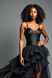 Svart En linje Långa Spaghetti Straps Formell Klänning med Ruffles