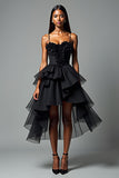 A Line Spaghetti Straps Volang Tiered Black Tie Klänning