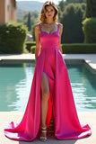 Fuchsia A Line Spaghetti Straps Satin Lång Balklänning med Slits