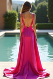 Fuchsia A Line Spaghetti Straps Satin Lång Balklänning med Slits