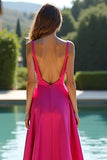 Fuchsia A Line Spaghetti Straps Satin Lång Balklänning med Slits