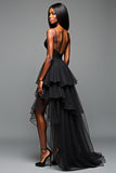 A Line Spaghetti Straps Volang Black Tie Klänning Med Slits