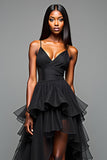 A Line Spaghetti Straps Volang Black Tie Klänning Med Slits