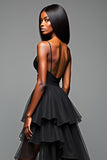 A Line Spaghetti Straps Volang Black Tie Klänning Med Slits